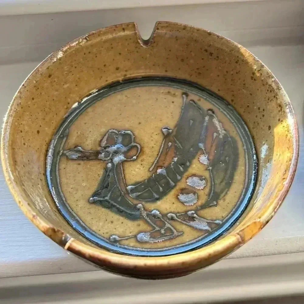 OTAGIRI Japanese Hand painted stoneware roadrunner ashtrays (2), mid-century MCM